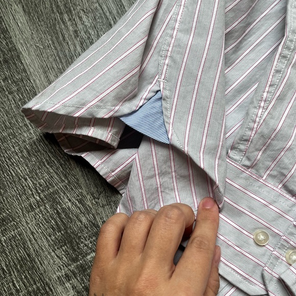 Classic button-down shirt. Gray with pink stripes. New. - Picture 5 of 9